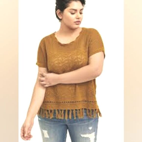 Torrid Gold Pullover Open-knit Sweater Top, Fringe Around the Bottom, Sz 1, 1X - Picture 1 of 11